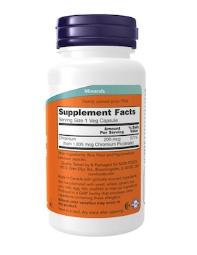 Chromium Picolinate 200 mcg Now Foods con cromo de 100 cápsulas