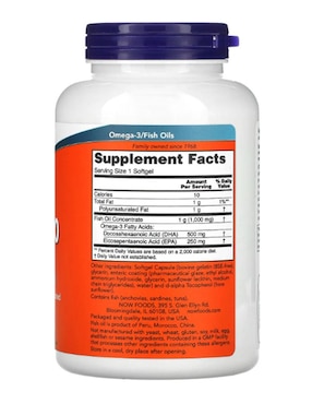 Aceite de pescado DHA-500 de doble potencia Now Foods con ácido docosahexaenoico de 180 cápsulas