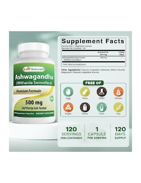 Ashwagandha 500mg 120 cáp Best Naturals con ashwagandha de 120 cápsulas