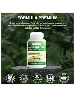 Ashwagandha 500mg 120 cáp Best Naturals con ashwagandha de 120 cápsulas