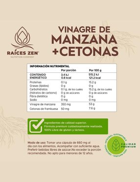 Vinagre de Manzana + Cetonas Raíces Zen Raíces Zen de 120 cápsulas
