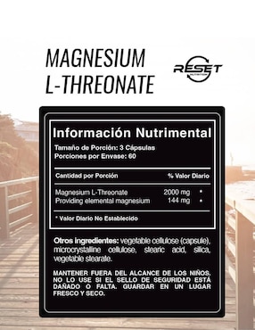 Magnesium L-Threonate Reset Nutrition con l-treonato de magnesio, citrato de magnesio de 180 cápsulas