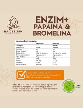 Enzim+ Papaina y Bromelina Raíces Zen Raíces Zen de 120 cápsulas