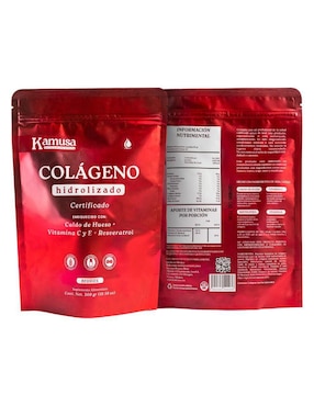 Colágeno Hidrolizado Kamusa con Péptidos de Colágeno Hidrolizado Bovino y Marino I II y III, Caldo de Hueso, Resveratrol y Vitamina C y E sabor berry de 300 g