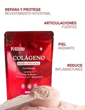 Colágeno Hidrolizado Kamusa con Péptidos de Colágeno Hidrolizado Bovino y Marino I II y III, Caldo de Hueso, Resveratrol y Vitamina C y E sabor berry de 300 g