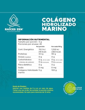 Colágeno Hidrolizado Marino Súper Premium Raices Zen 225 g Raíces Zen de 225 g