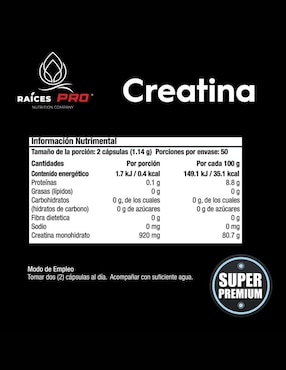 Creatina súper premium Raíces Pro sin sabor de 100 cápsulas
