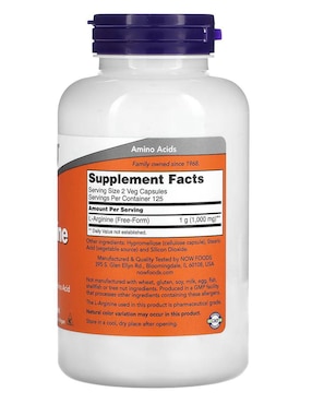 L-arginina, 500 mg, 250 cápsulas vegetales Now de 250 cáp