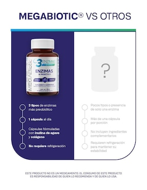 3 Enzimas & prebiótico con inulina de agave Megabiotic de 60 cápsulas