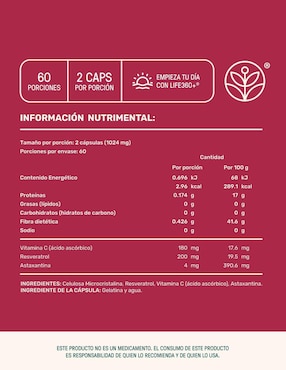 Resveratrol con astaxantina Life360+ de 120 cápsulas