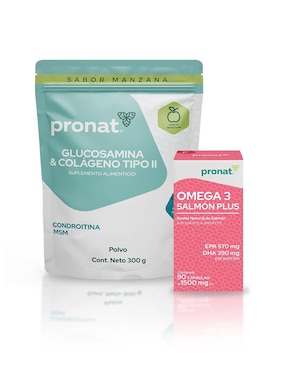 Set de suplementos de omega 3 salmón plus, glucosamina & colágeno tipo II Pronat diferentes sabores