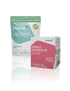 Set de suplementos alimenticios de Omega 3 salmón plus dúo y glucosamina & colágeno tipo II Pronat con DHA, EPA y vitamina E de diferentes sabores