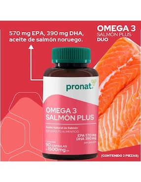 Set de suplementos alimenticios de Omega 3 salmón plus dúo y glucosamina & colágeno tipo II Pronat con DHA, EPA y vitamina E de diferentes sabores