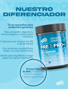Pre & Pro+ con prebióticos, inulina, lipasa y enzimas digestivas sin sabor BPN PRO con 5 billones de probióticos de 60 cápsulas