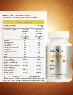 Hongos adaptógenos Instanutra con hongo de melena de león de 90 cápsulas
