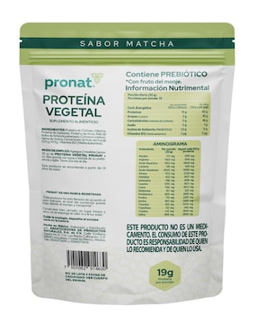 Proteína vegetal Pronat con proteína de arroz, proteína de chícharo y probióticos sabor matcha de 400 G