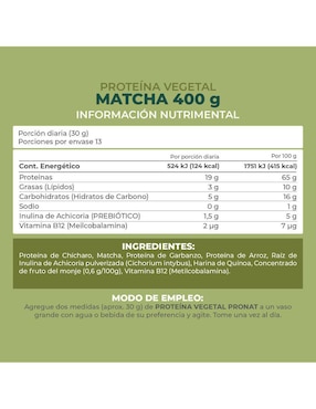Proteína vegetal Pronat con proteína de arroz, proteína de chícharo y probióticos sabor matcha de 400 G