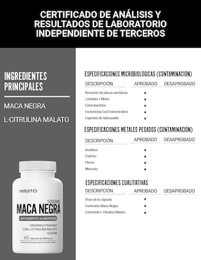 Maca Negra Orgánica Peruana L Citrulina restart con maca negra de 60 cáp