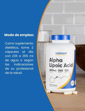 Alpha lipoic acid suplemento dietético antioxidante celular Nutricost con ácido alfa lipoico de 240 cápsulas