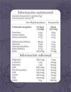 Gomitas dulce descanso Esencia Mental con CBD sabor mora azul y lavanda de 30 gomitas