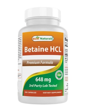 Betaine HCL 648 mg con pepsina Best Naturals de 250 cápsulas