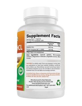 Betaine HCL 648 mg con pepsina Best Naturals de 250 cápsulas