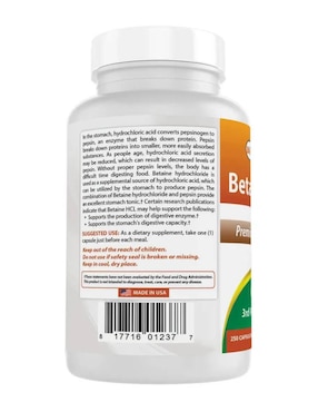 Betaine HCL 648 mg con pepsina Best Naturals de 250 cápsulas
