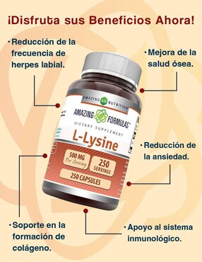 L-lisina suplemento aminoácido esencial para inmunidad y colágeno Amazing Nutrition con lisina de 250 tabletas