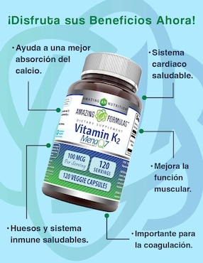 Vitamina K2 suplemento dietético salud ósea y cardiovascular Amazing Nutrition con vitamina D3 de 120 cápsulas