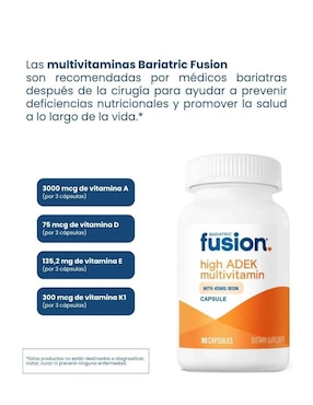 Multivitamínico bariátrico ADEK hierro suplemento dietético postquirúrgico Bariatric Fusion de 90 cápsulas