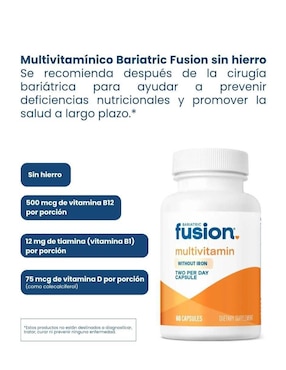 Multivitamínico bariátrico sin hierro suplemento dietético postquirúrgico Bariatric Fusion de 60 cápsulas