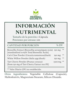 Herbal joint care suplemento dietético salud articular y movilidad Herbal Secrets con boswellia serrata y celulosa vegetal de 120 cápsulas
