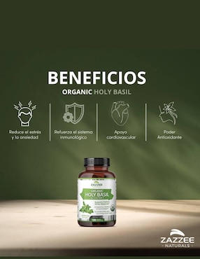 Albahaca sagrada orgánica suplemento antiestrés y apoyo inmunológico Zazzee con tulsi-holy basil de 120 cápsulas