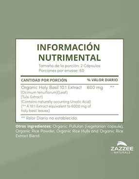 Albahaca sagrada orgánica suplemento antiestrés y apoyo inmunológico Zazzee con tulsi-holy basil de 120 cápsulas