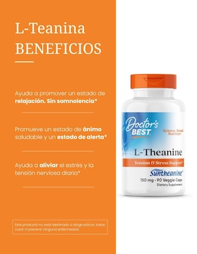 Doctor's best l-theanine 150 mg con suntheanine suplemento para relajación y bienestar mental 90 cápsulas Doctor's Best con l-teanina de 90 cáp