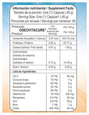 Suplemento alimenticio colágeno tipo II uc II Oseovitacure con cúrcuma de 60 cáp