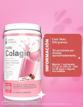 Pure colagin péptidos bioactivos Lemon Cochella con colágeno hidrolizado, fibra de bambú, vitamina E, C y A, ácido hialurónico, resveratrol, keratina y biotina sabor frutos rojos de 500 g