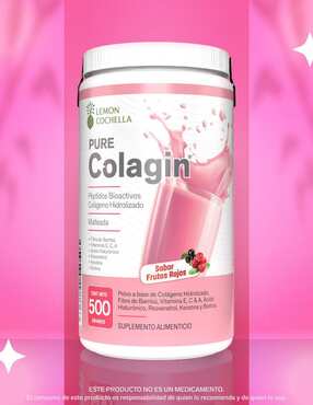 Pure colagin péptidos bioactivos Lemon Cochella con colágeno hidrolizado, fibra de bambú, vitamina E, C y A, ácido hialurónico, resveratrol, keratina y biotina sabor frutos rojos de 500 g