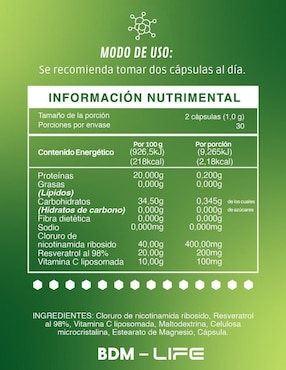 Nicotinamida NAD Bdm Lab con resveratrol de 60 cápsulas