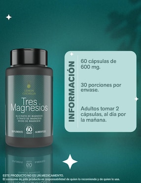 Tres magnesios Lemon Cochella con glicinato de magnesio, citrato de magnesio y oxido de magnesio de 60 cápsulas