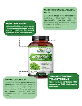 Zazzee naturals ortiga 9000 mg suplemento apoyo prostático, articular e inmunológico Zazzee con extracto de ortiga de 120 cápsulas