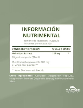 Suplemento salud pulmonar y respiratoria Zazze con extracto de raíz de Osha de 120 cápsulas