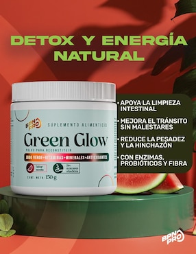 Green Glow Jugo Verde con Alfalfa, Apio, Nopal, Espinaca, Zanahoria, Naranja, Jengibre, Piña, Vitaminas, Calcio y Astaxantina Bpn Pro sabor sandía de 150 g