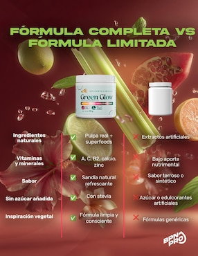 Green Glow Jugo Verde con Alfalfa, Apio, Nopal, Espinaca, Zanahoria, Naranja, Jengibre, Piña, Vitaminas, Calcio y Astaxantina Bpn Pro sabor sandía de 150 g