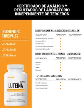 Luteína Zeaxantina Complejo de Carotenoides, Betacaroteno, Zinc Restart de 60 cápsulas