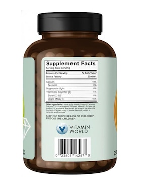 Calcio y magnesio con vitamina D3 The Vitamin World de 250 cápsulas
