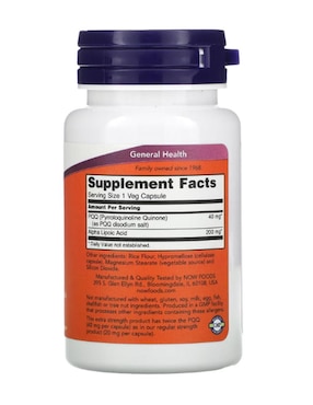 Suplemento alimenticio PQQ Now con ácido alfa lipoico de 50 cápsulas