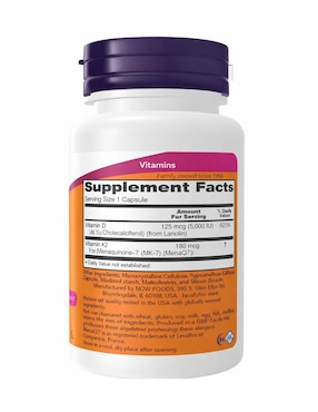 Mega D3 y MK-7 Now con vitamina D3 y K2 de 30 cápsulas