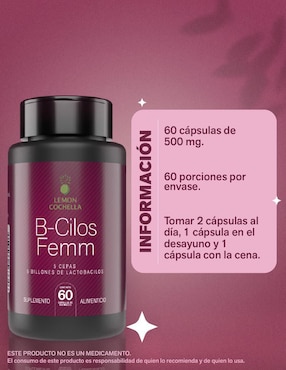 B-Cilos Femm Lemon Cochella con 5 billones de probióticos sabor natural de 60 cápsulas