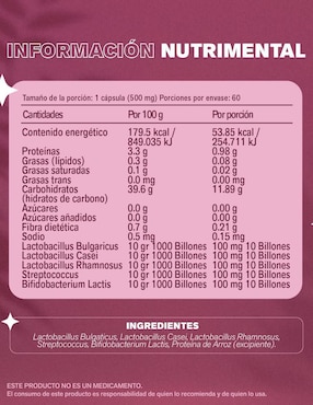 B-Cilos Femm Lemon Cochella con 5 billones de probióticos sabor natural de 60 cápsulas